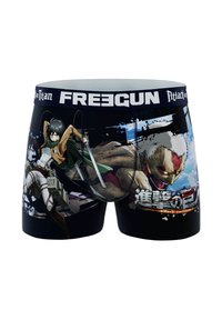 Boxer shorts noirs avec impression graphique de personnages de "Attack on Titan." La ceinture élastique arbore la marque "FREEGUN."