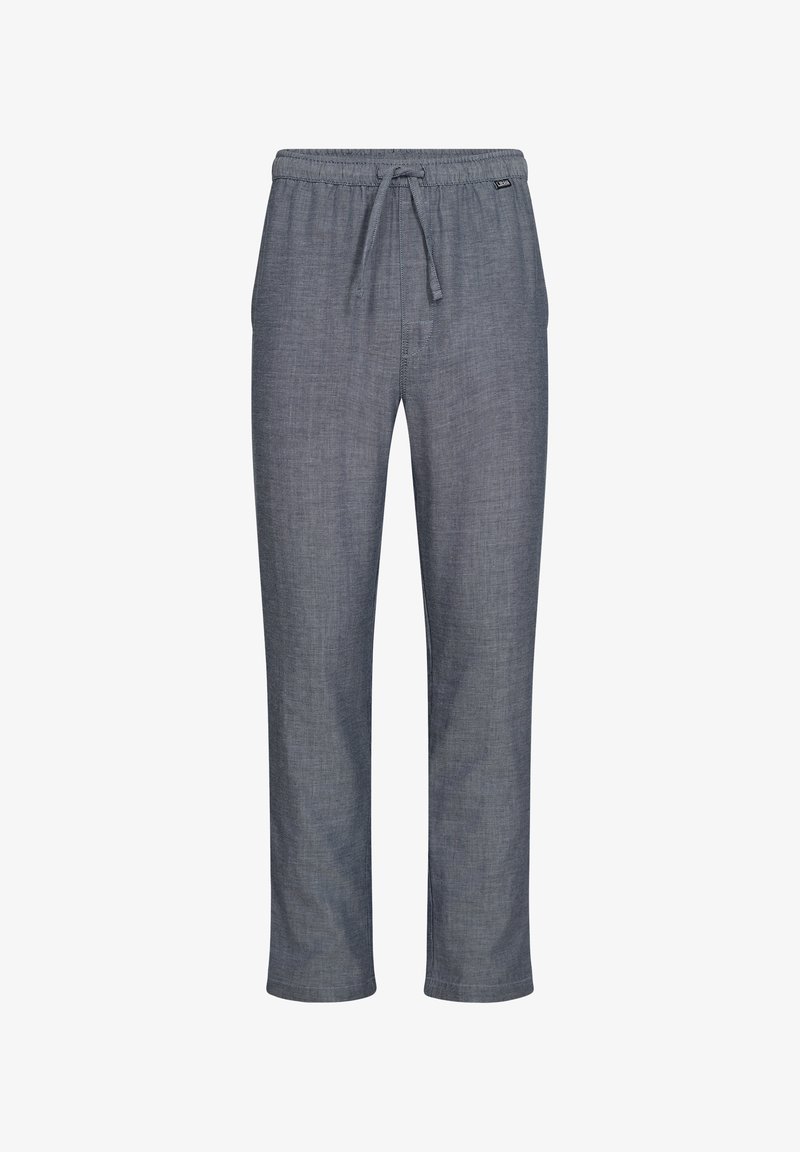 Herre loungedragter i meleret mørkegrå stof. Har en elastisktalje med snøre og lige ben design.