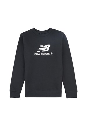 Felpa nera con maniche lunghe, colletto e polsini a costine, caratterizzata da un logo bianco "New Balance" sul davanti. Realizzata in materiale misto cotone.