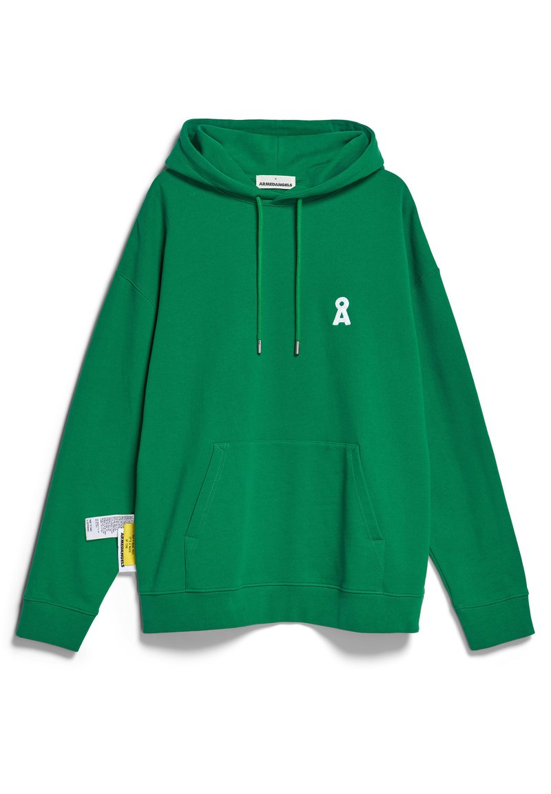 Grüne Kapuzenjacke aus Baumwollmischung, mit Kängurutasche, verstellbarem Kapuzenzug und einem kleinen weißen Ribbon-Logo auf der Brust.