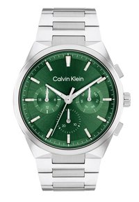 Orologio cronografo in acciaio inossidabile con quadrante verde, tre sottodial, indicatori delle ore argentati e bracciale metallico a maglie.