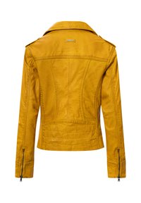 Senfgelbe Lederjacke mit taillierter Passform, Schulterklappen und vertikalen Nähten. Verfügt über Reißverschlüsse an den Manschetten und eine glatte Textur.
