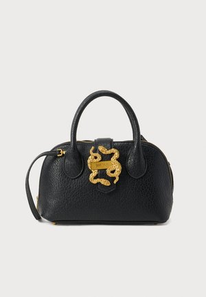 Black textured leather handbag with double handles and a gold snake-shaped clasp featuring the brand name "Just Cavalli."