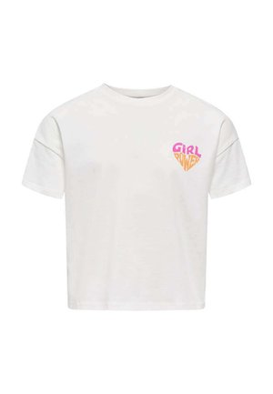 T-shirt blanc manches courtes avec col rond et petit texte graphique "Girl Power" en rose et orange sur le côté gauche de la poitrine.