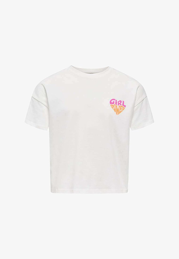 T-shirt blanc manches courtes avec col rond et petit texte graphique "Girl Power" en rose et orange sur le côté gauche de la poitrine.