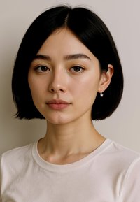 Une personne avec un carré, portant une chemise blanche simple et une petite boucle d'oreille en argent en forme d'étoile. Peau lisse et maquillage naturel.