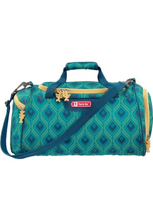 Sac de sport à motifs teal et marine avec des bordures jaunes, une poignée rembourrée, une bandoulière réglable et des tirettes de fermeture éclair en forme d'os.