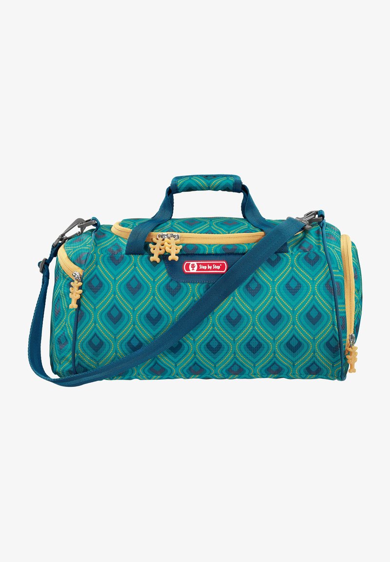 Søgrøn og marineblå mønstrede duffel bag med gule kanter, polstret håndtag, justerbar skulderrem og knogleskafter til lynlåsen.
