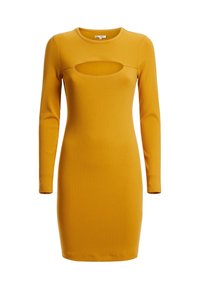 Senfgelbes, geripptes Mini-Kleid mit langen Ärmeln, Rundhalsausschnitt und horizontalem Cut-out-Detail über der Brust.