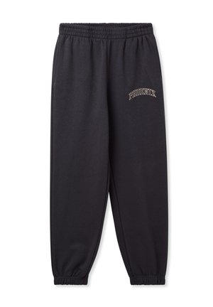 Pantaloni sportivi neri con elastico in vita e alle caviglie, con la scritta "PHOENIX" ricamata in oro sulla coscia sinistra. Tessuto morbido e testurizzato.