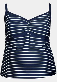 Tummansininen uimapaita, jossa on valkoisia vaakasuoria raitoja, säädettävät ohuet hihnat ja rypistetty keskiyksityiskohta. Valmistettu sileästä materiaalista.