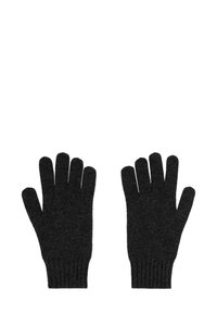 Guantes de punto de color gris oscuro con puños acanalados. Diseño de cinco dedos, textura suave, adecuados para clima frío.