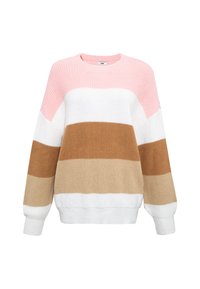 Gestrickter Pullover mit horizontalen Streifen in Rosa, Weiß, Beige und Braun. Lockerer Schnitt mit langen Ärmeln und rundem Ausschnitt.