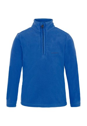 Pull-over en polaire bleu avec un col montant, un col zippé mi-hauteur et des manches longues. Caractérisé par une texture douce et un branding subtil sur la poitrine.