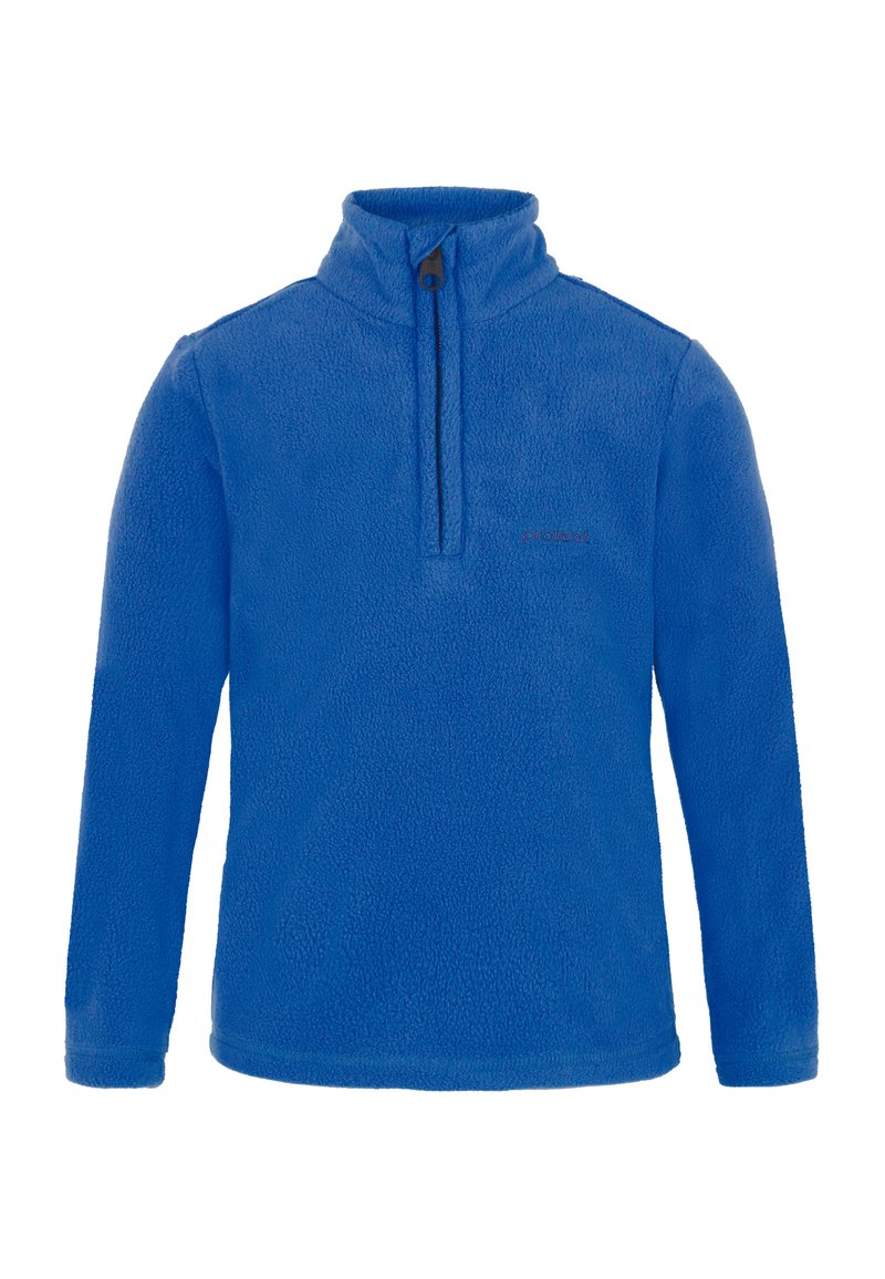 Blå fleece-tröja med hög krage, halvvist dragkedja och lång ärm. Har en mjuk textur och subtilt logo på bröstet.