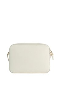 Borsa rettangolare bianca realizzata in materiale sintetico liscio. Presenta una zip superiore e una maniglia laterale. Design minimalista senza motivi visibili.