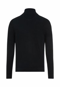 Zwarte, langarmige coltrui, gezien vanaf de achterkant, met een effen, gladde textuur en een aansluitend ontwerp.