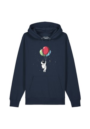 Marineblaue Kapuzenjacke mit Fronttasche, die einen Astronauten zeigt, der drei bunte Luftballons hält, die im Weltraum mit Sternen um ihn herum schweben.