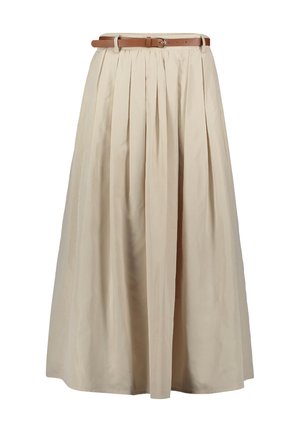 Jupe plissée beige avec ceinture marron clair, en tissu léger, dotée d'une taille élastique et arrivant jusqu'au milieu du mollet.