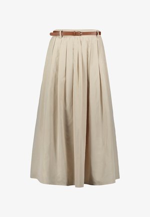 Jupe plissée beige avec ceinture marron clair, en tissu léger, dotée d'une taille élastique et arrivant jusqu'au milieu du mollet.