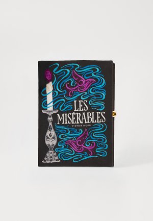 Black hardcover of "Les Misérables" featuring colorful embroidered elements, including a candle, swirling designs, and bold font.