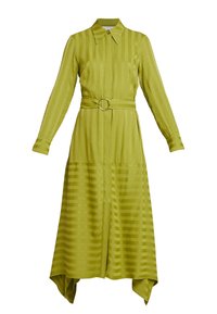 Robes longues rayées en satin vert lime vif avec un col, un devant à boutons et une ceinture à la taille avec une boucle ronde.