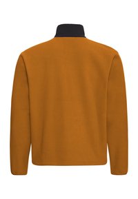 Oranje fleecejack met een hoge kraag, voorzien van een contrasterende zwarte kraag. Glad oppervlak en lange mouwen, eenvoudig ontwerp, geen zichtbare sluitingen.