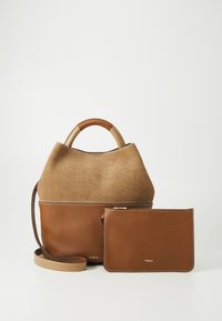 Brown leather and canvas handbag with a rounded top, short handle, and detachable shoulder strap. Includes a matching brown leather pouch.