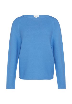 Jasnoniebieski sweter z długim rękawem o szerokim dekolcie i teksturowanej tkaninie, charakteryzujący się luźnym krojem i minimalistycznym stylem.