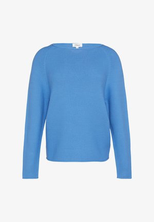 Pull léger bleu clair à manches longues avec un large col et un tissu texturé, présentant une coupe décontractée et un design minimaliste.