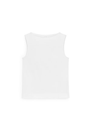 Camiseta blanca sin mangas con escote redondo, diseño sencillo y dobladillo recto sobre fondo blanco.
