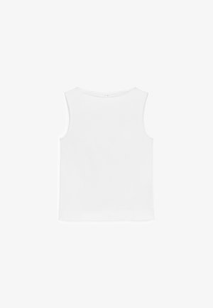 Camiseta blanca sin mangas con escote redondo, diseño sencillo y dobladillo recto sobre fondo blanco.