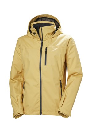 Gelbe Regenjacke mit durchgehendem Reißverschluss und Kapuze, schwarze Reißverschlussdetails, zwei Seitentaschen, eine Brusttasche und verstellbare Handgelenksriemen.