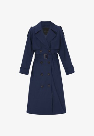 Marineblå trenchcoat lavet af tekstureret stof med dobbeltbundet front, brede revers, bælte i taljen og skulderepåletter.
