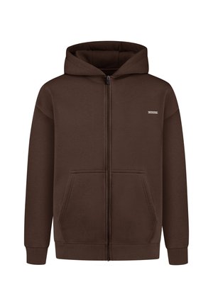 Brauner Reißverschluss-Hoodie aus weichem Material mit einem Frontreißverschluss, zwei Seitentaschen und einer geräumigen Kapuze. Enthält ein kleines Logo auf der Brust.