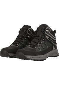 Svarta vandringsskor med hög toppdesign, med syntetiskt överdel, strukturerade meshpaneler och kontrasterande grå detaljer. Gummisula för bättre grepp.
