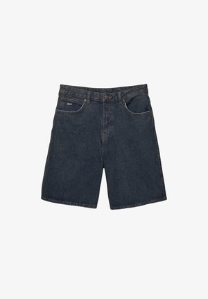 Denimowe szorty w ciemnoniebieskim kolorze, charakteryzujące się klasycznym pięciopocketowym fasonem, paskami do paska i zapięciem na guzik; teksturowany materiał z lekkim przetarciem.