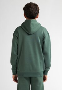Felpa verde realizzata in morbido tessuto, dotata di cappuccio, polsini e orlo a costine. Design semplice senza loghi o motivi visibili.