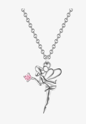 Hõbedane haldjasõlg tiibadega, kes hoiab roosa vääriskiviga hõbedast ketti valgel taustal.