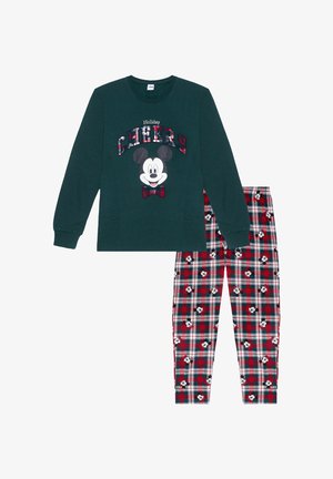 Dunkelgrünes langärmliges Oberteil mit dem Schriftzug "Holiday Cheers" und einer Mickey-Maus-Grafik. Rote karierte Hose mit kleinen Mickey-Maus-Gesichtern und weißen Akzenten.