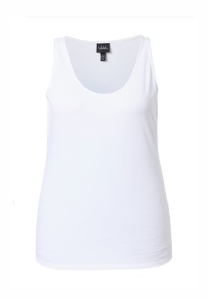 Biała damska koszulka na ramiączkach z dekoltem typu scoop i czarną metką marki wewnątrz kołnierzyka.