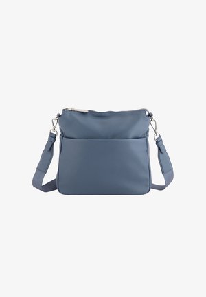 Blaue Leder-Crossbody-Tasche mit strukturierter Oberfläche, Reißverschluss und verstellbarem Trageriemen. Verfügt über eine Fronttasche für zusätzlichen Stauraum.