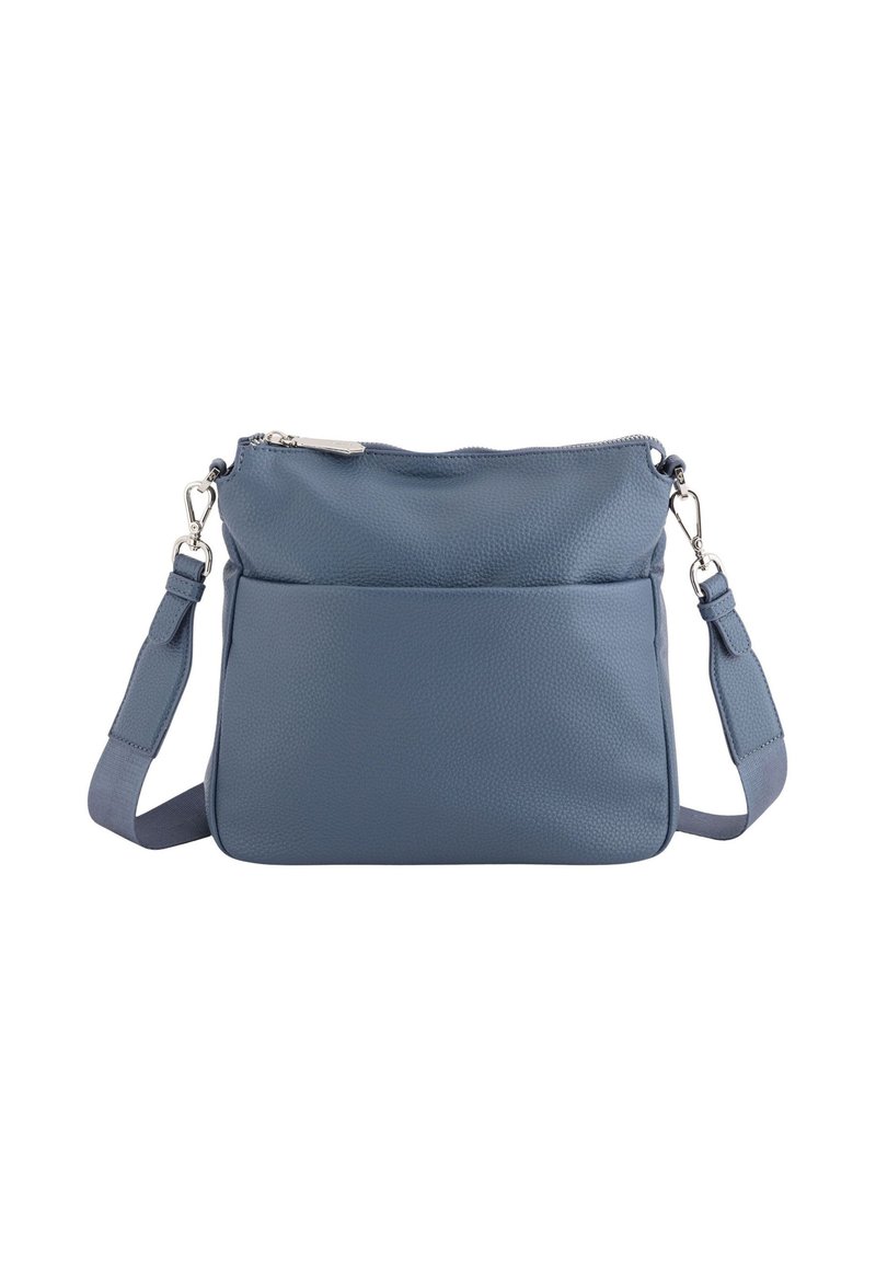 Niebieska skórzana torebka na ramię z teksturowanym wykończeniem, zamknięciem na zamek błyskawiczny oraz regulowanym paskiem. Posiada przednią kieszeń dla dodatkowego miejsca do przechowywania.