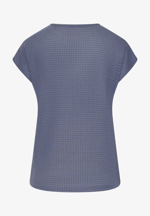 Short-sleeve textured knit top in muted blue with a pattern resembling small squares, shown from the back.