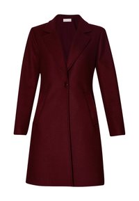 Manteau pour femme couleur marron foncé, longueur genou, manches longues, col à revers cranté, fermeture par un bouton et deux poches avant.