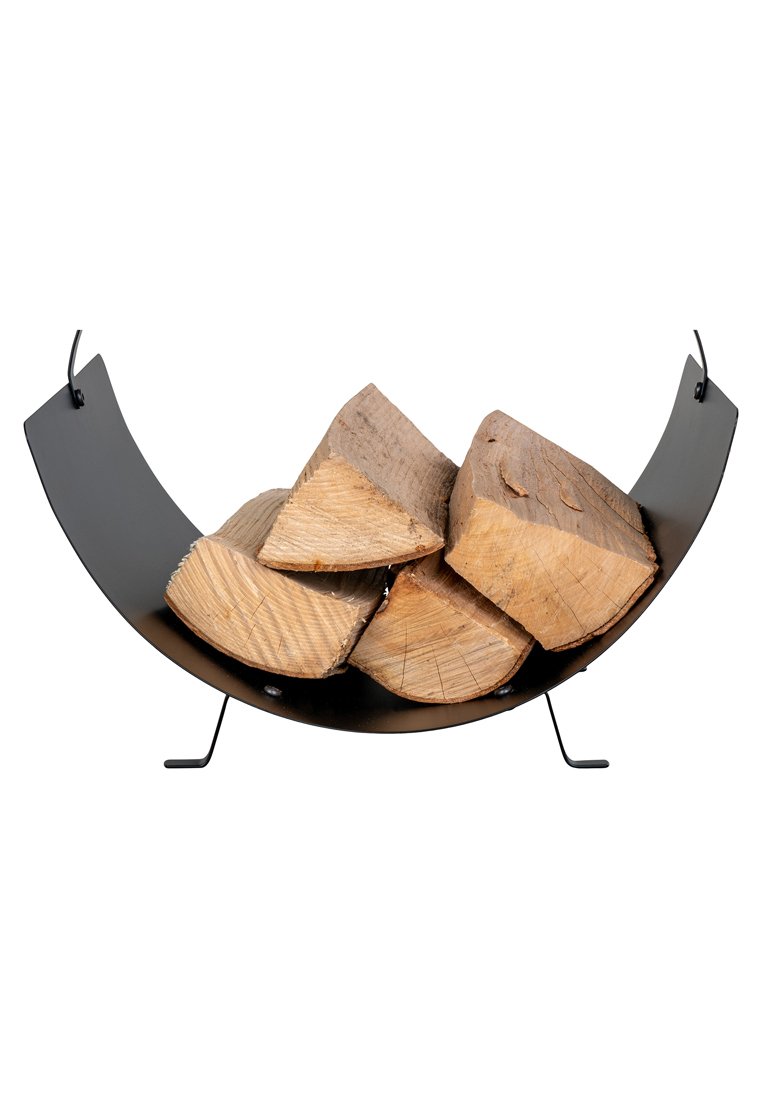 Schwarzmetall Holzhalter mit geschwungenem Design, der mehrere Holzstücke hält. Verfügt über zwei stützende Beine und eine glatte Oberfläche.