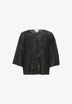 Juodas nėrinių kardiganas su laisvu siluetu, 3/4 ilgio rankovėmis, apvali iškirpte ir dekoratyviu mygtuko užsegimu priekyje. Skaidri tekstūra su gėlių raštu.