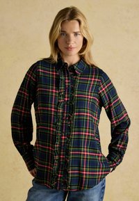 Blue and green plaid button-up shirt featuring a ruffled front, long sleeves, and a classic collar, made of a soft fabric.
