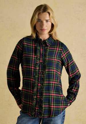 Blue and green plaid button-up shirt featuring a ruffled front, long sleeves, and a classic collar, made of a soft fabric.