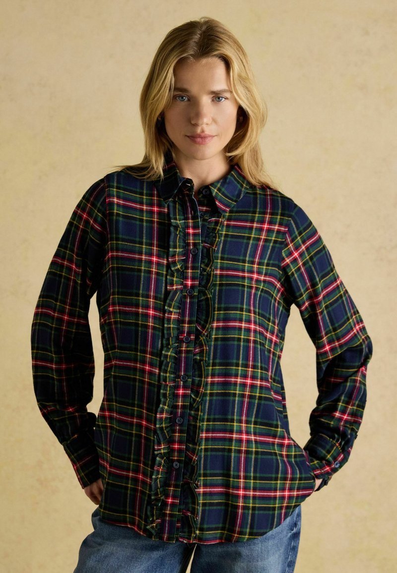 Blue and green plaid button-up shirt featuring a ruffled front, long sleeves, and a classic collar, made of a soft fabric.